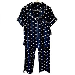 NWT Kate Spade Black Light Pink Bows Short Sleeve Pajama Set 3/4 Length Pant